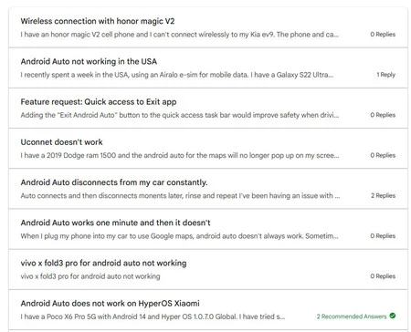 Android Auto フォーラムの最新 8 件の投稿のうち、7 件は Android Auto の切断に関するものです