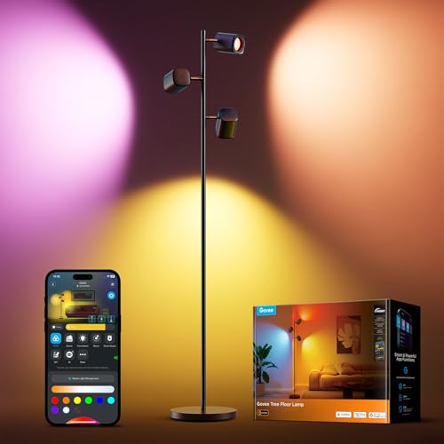 Govee LED Lámpara de Pie RGBWW, Ángulo Ajustable Lámpara Pie 1500 lm, Compatible con Matter Alexa, 64+ Escenas, Sinc Musica, 157 cm Lampara Negro para Sala de Estar, Dormitorio y Sala de Lectura.