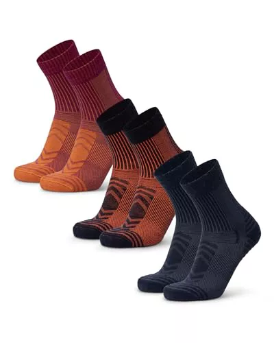 DANISH ENDURANCE Calcetines Antiampollas Senderismo de Lana Merino Ligeros, 3 Pack, Multicolor (1 azul marino/naranja, 1 fucsia/naranja, 1 azul marino), 43-47