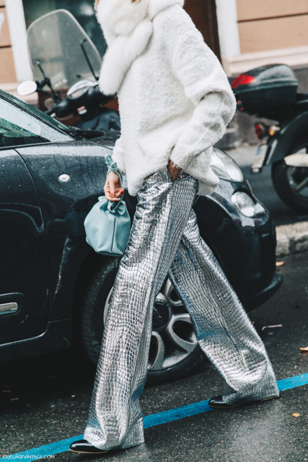 Milan Fashion Week Fall 16 Mfw Street Style Collage Vintage Candela Novembre Loewe Leather Coco Trousers Metallic 2