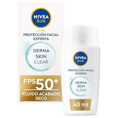 NIVEA SUN Derma Skin Clear Fluido Protector Solar Facial FPS 50+ (1 x 40 ml), crema solar facial ultra ligera con efecto mate, El embalaje puede variar
