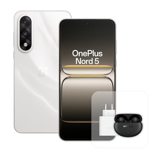 OnePlus Nord 5 Smartphone con 8 GB RAM 256 GB, Pantalla AMOLED de 6,83" y 144 Hz, Snapdragon 8s de 3 generación, cámara Dual de 50 MP, batería de 5200 mAh, Cargador de 80 W y Nord Buds 4 Pro, Blanco