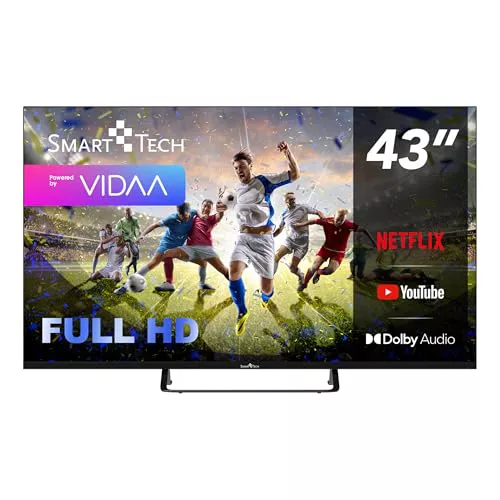 Smart Tech 43FV02V TV Smart TV VIDAA 43 pulgadas con resolución Full HD | Dolby Audio | 3 x HDMI | 2 x USB | Bluetooth | Diseño sin marco | Miracast | Triple sintonizador DVB-C/-S2/-T2 | Año del