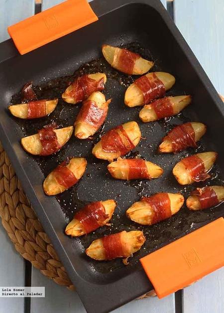 Gajos de patata envueltos en jamón. Receta