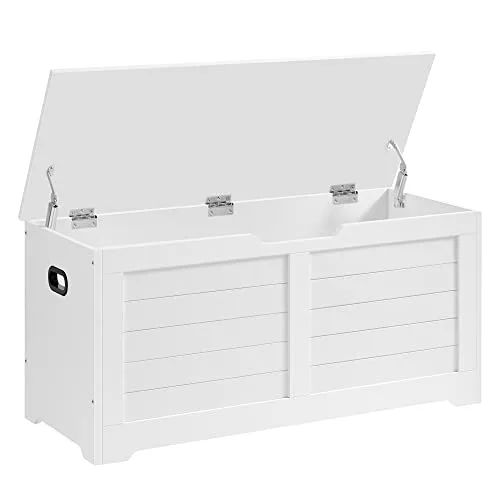 VASAGLE Puff Almacenaje, Banco Almacenaje con 2 Bisagras de Seguridad, Banco Zapatero, Estilo de Campo, 40 x 100 x 46 cm, para Pasillo Dormitorio Salón, Blanco Nube LSB061T10