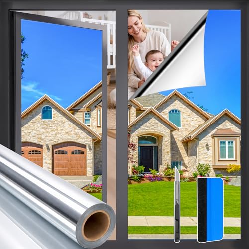 Zindoo Vinilos para Cristales Efecto Espejo Vinilo Adhesivo Cristal 44.5x200cm con Kit de Montaje Protege la Privacidad Anti UV Anti Calor Electrostática Reutilizable para Hogar Oficina Tienda