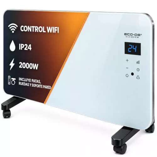 ECODE® Radiador electrico 2000W de Cristal | Silencioso y Programable | Control por Wifi | Uso con Ruedas, Patas o Pared | Temporizador | 2 Potencias | Apto para Baños (IP24) | Pantalla Táctil