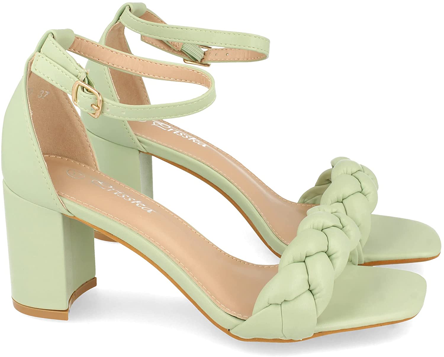 Sandalia de Tacon para Mujer, Comodas, con Pala Entrelazada, y Cierre Ankle Strap de Hebilla, Primavera Verano 2021