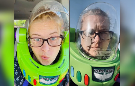 La peculiar "mascarilla" de una madre para salir a hacer las compras durante la cuarentena: un casco de Buzz Lightyear