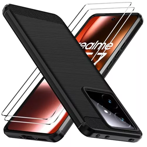 ivoler Funda para Realme GT 7 / Realme GT 7T con 2 Piezas Cristal Templado, [Protección Militar] Carcasa Protectora Antigolpes, Fina Suave TPU Silicona Caso Antiarañazos Antihuellas Case, Negro