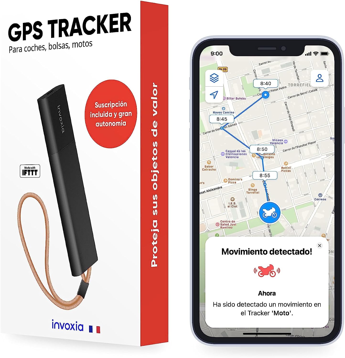 Invoxia Localizador GPS sin Tarjeta SIM - Alerta Antirrobo en Tiempo Real y Gran Autonomía – Suscripción Incluida – Seguimiento Coche, Moto, Scooter, Bolso, Niños, Personas Mayores, Objetos de Valor