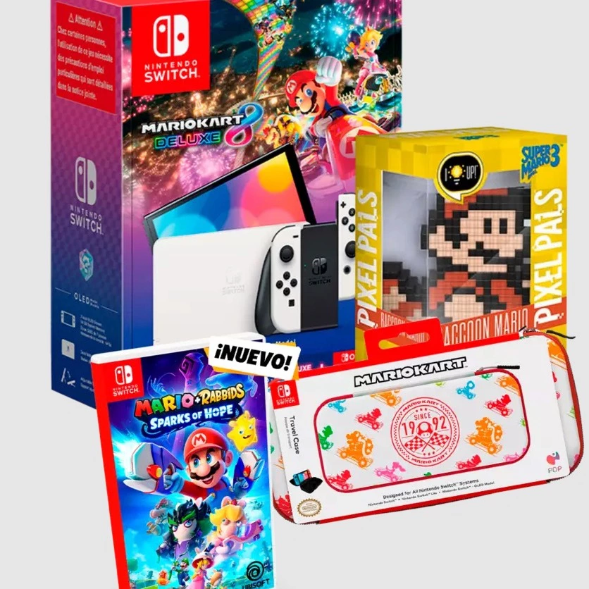 Consola Nintendo Switch OLED Blanca + Mario Kart 8 Deluxe + Mario Rabbids Chispas de Esperanza + Funda
