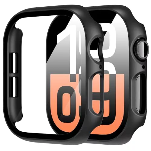 Diruite 2 Piezas Funda para Apple Watch Series 10 46mm Protector Pantalla Cristal Templado Incorporado HD Protección Completa PC Dura Estuche Case,Negro,Series 10-46mm