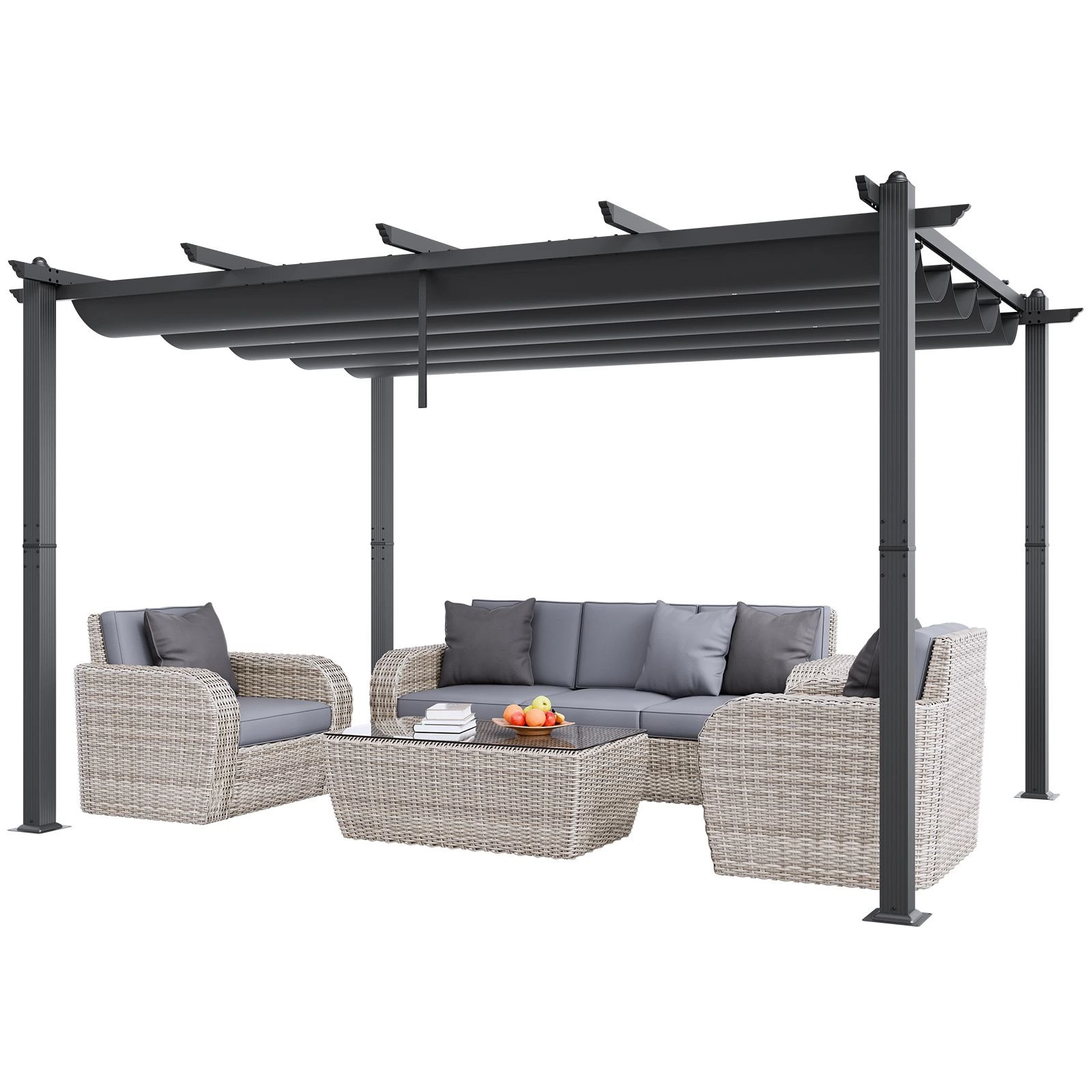 VEVOR Pérgola Retráctil para Exteriores 3x4m, Gazebo Jardín de Aluminio con Toldo Lona de Poliéster con Protección UV de Alta Densidad Patio, Jardín