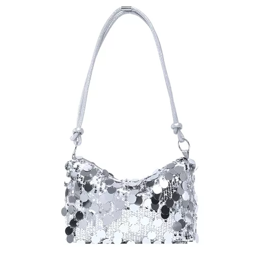 Uoocg Bolso de mano de plata con purpurina con lentejuelas para mujer, bolso de noche, alta capacidad, con cierre de cremallera, bolso para fiesta, boda, banquete, plata, Mittelgroße