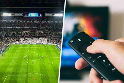 Composición con foto del Estadio Santiago Bernabéu e imagen de un mando de televisión