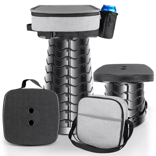 HOVIBU Taburete Plegable Portátil con Cojín y Portavasos, Taburete Telescópico Ligero con Altura Regulable, Carga 485 LB, para Exteriores, Senderismo, Pesca, Barbacoa, Interior, Viajes, Fiestas