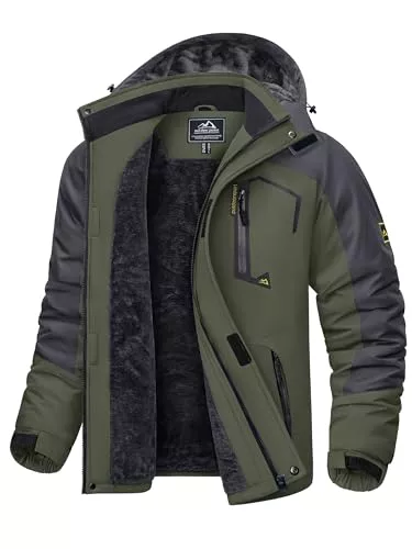 KEFITEVD Chaquetas Impermeables Lana Hombre Abrigos Impermeables Esquí Cálidos Invierno Abrigos Térmicos Exteriores,Verde Militar