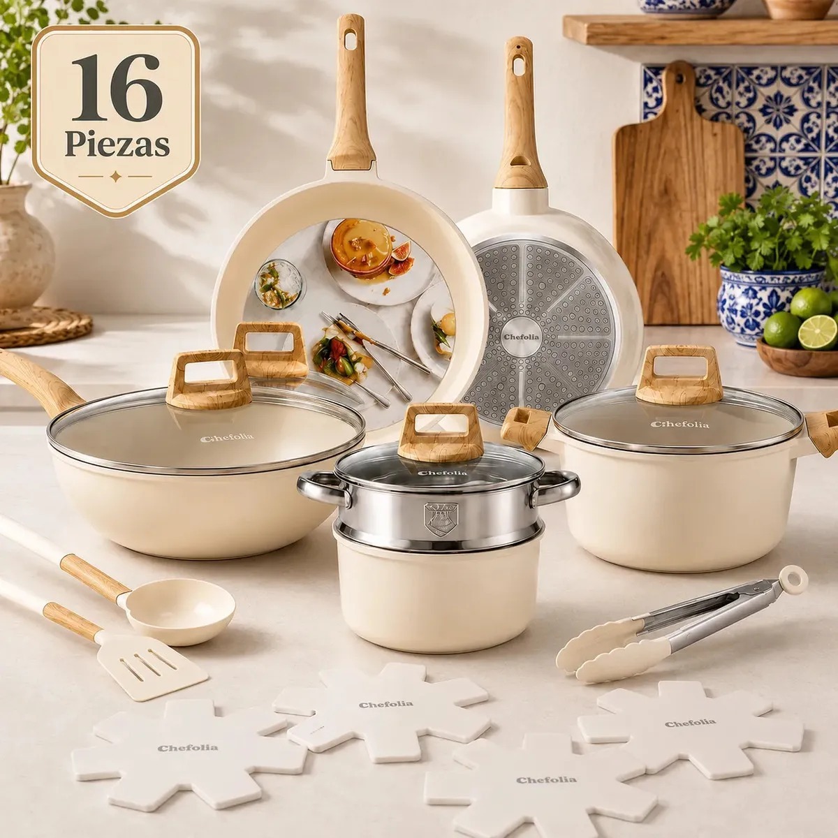 Batería de Cocina 16 piezas juego de ollas y sartenes antiadherentesde ceramica