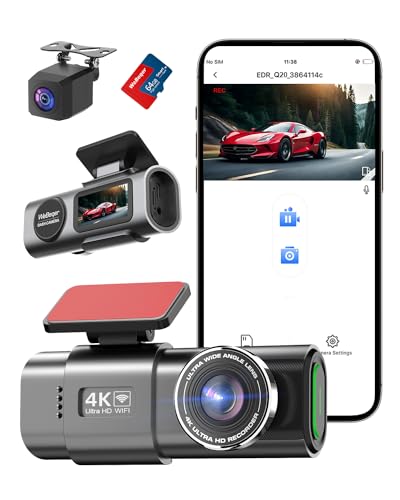 Cámara de Coche Frontal y Trasera, 4K+1080P WiFi Dashcam con Tarjeta 64G, Control App, WDR, Super Visión Nocturna, 170°+140° Ángulo Ancho, G-Sensor, Monitor de Aparcamiento, Grabación de Bucle