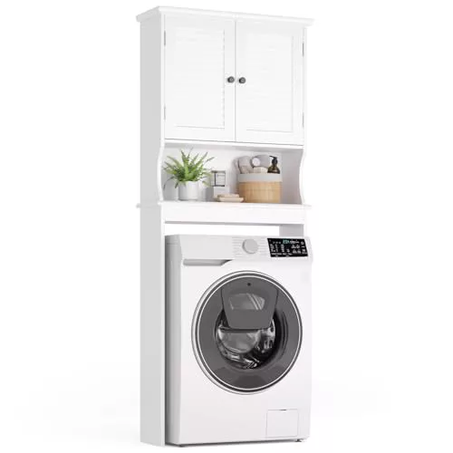 Xbro Armario para Inodoro y Lavadora, Mueble Alto con Puertas y Estantes Abiertos, Ahorra Espacio, 65 x 22 x 163,5 cm,Blanco