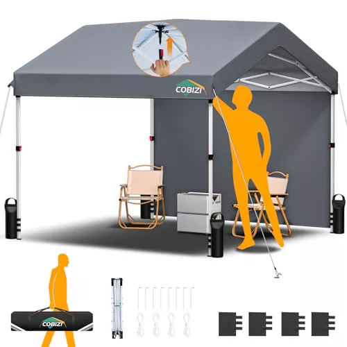COBIZI Carpa Plegable 3x3m, Carpa Garaje Emergentes de un Solo Toque con 1 Paredes Laterales Impermeable Protección UV, Cenadores para Jardin Fiestas Camping Playa Pergolas (3 por 3m Gris)