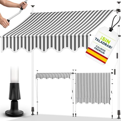 tillvex Toldo Manual portátil de balcón Patio | Toldo Ajustable con manivela para balcón | Parasol Resistente a UVA y Regulable en Altura | Protección Solar estanca a Agua (150cm, Gris/Blanco)