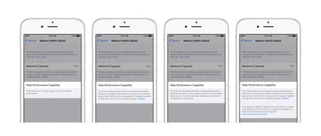 iOS 11.3 では、正常に動作している、スローダウンが有効になっている、スローダウンが無効になっている、スローダウンが有効になっているという 4 つの異なる状態が表示され、バッテリーの交換の提案が表示されます。