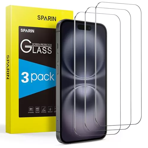 SPARIN Protector de Pantalla para iPhone 16/iPhone 15 Pro/iPhone 15, Cristal Templado de 6,1 Pulgadas Cobertura Completo 9H Dureza, HD Transparente, 3 Pack