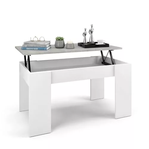 duehome | Mesa de Centro elevable, Mesita de Salón Comedor, Acabado en Blanco Artik y Cemento, Modelo Norak, Medidas: 90 cm (Largo) x 50 cm (Ancho) x 45-53,5 cm (Alto)