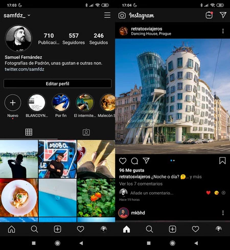 Android 版 Instagram のダークモードでのプロフィールと写真