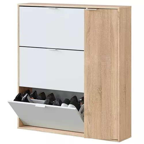 Habitdesign Mueble Zapatero 4 Puertas, Modelo Class, Acabado en Roble Canadian y Blanco Artik, Medidas: 106 cm (Ancho) x 115 cm (Alto) x 22 cm (Fondo)