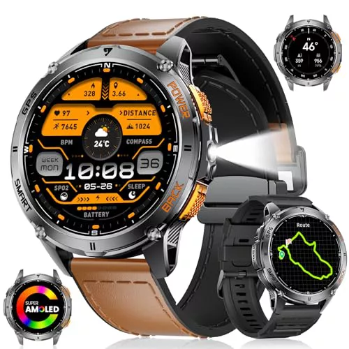 LIGE Reloj Inteligente Hombre con GPS,LED Linterna,1.43'' AMOLED,530mAh,IP68 Impermeable,Más de 30 días en Espera,Llamadas Bluetooth Smartwatch para Android iOS