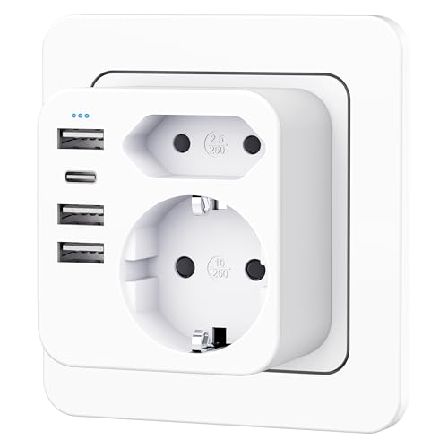 Enchufe Múltiples Pared con 1 Tipo C y 3 Puertos USB(3.4A), Ladron Enchufes con 2 Tomas de CA, Regletas Enchufes USB para Oficina, Habitación y Cocina, Compatible con Teléfono (white)