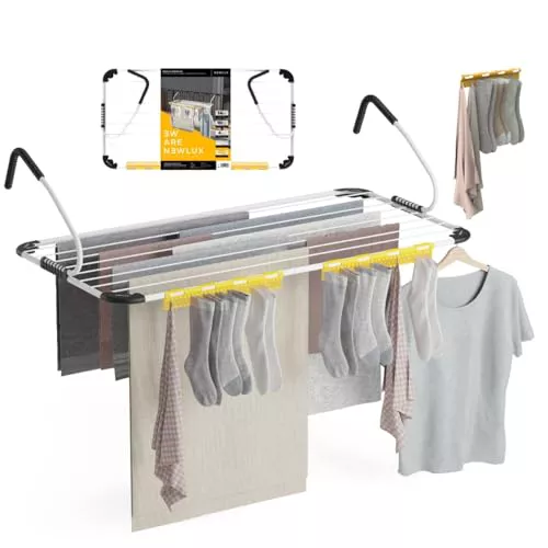 Newlux - Tendedero Balcón XXL Horizon V14 de Metal (107x55.5x28cm). Tendedero barandilla Plegable con Capacidad 14M y Resistencia 10kg. Accesorio Calcetines. Ideal Interiores y Exteriores, Blanco