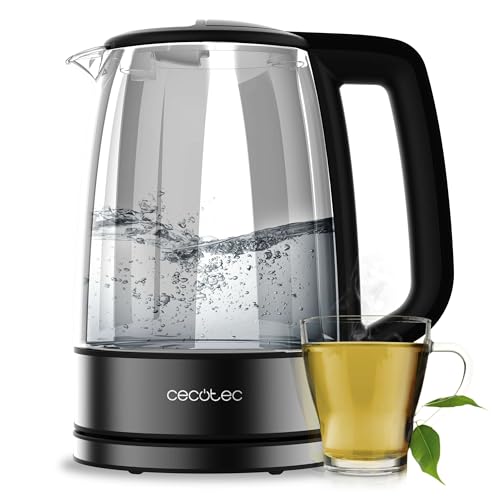 Cecotec Hervidor Eléctrico de Agua de 1,7 L ThermoSense 340 Clear. 2200W, Cuerpo de Vidrio de Borosilicato, Indicador Luminoso, Base con Giro 360º, Sistema de Seguridad