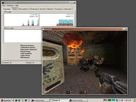 Quake II は、実験的なマルチコア サポートを備えた SerenityOS インストール上で実行されます (「システム モニター」に注目してください)。