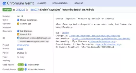 Android 版 Chrome でデフォルトで AsyncDNS を有効にするよう求める Chromium のエントリ