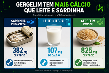 Gráfico produzido por IA mostrando os valores nutricionais da sardinha, leite e gergelim