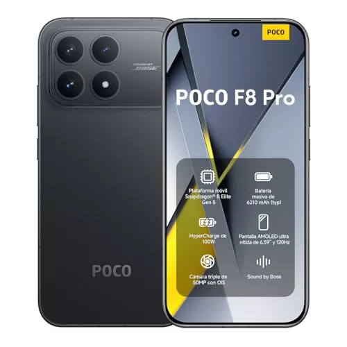 XIAOMI POCO F8 Pro - Smartphone de 12+256GB, Triple cámara de 50MP con OIS, Pantalla AMOLED de 6,59” 120Hz, Snapdragon 8 Elite, Hypercharge 100W, Cargador no Incluido, Negro (Versión ES)