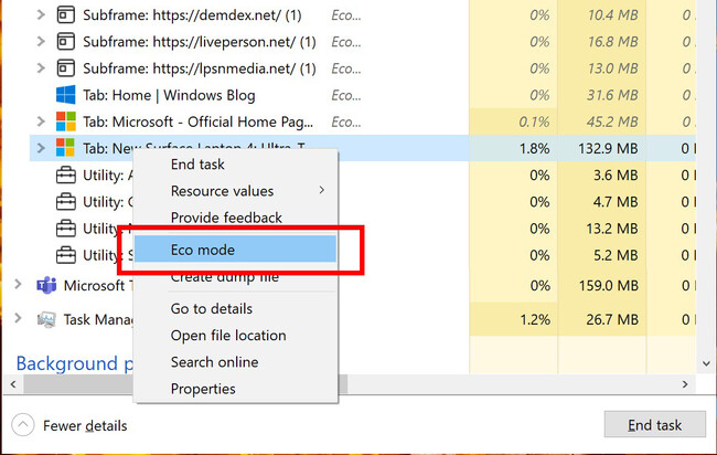 Modo Eco del Administrador de tareas de Windows