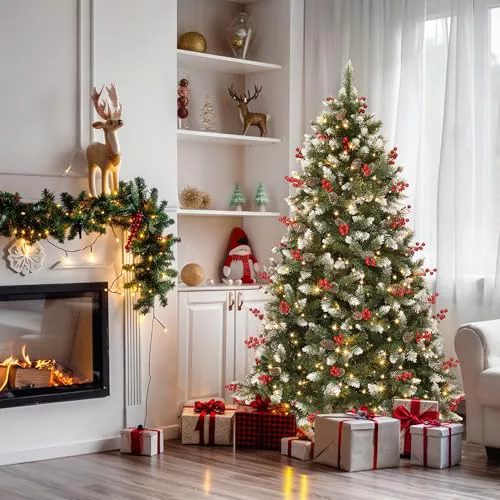 YITAHOME Árbol de Navidad Artificial de 228 cm, Adornado con Nieve e iluminación 550 LED, 82 piñas, 82 Bayas