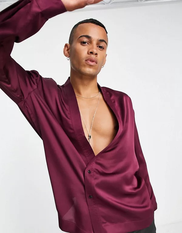 Camisa color ciruela cruzada estilo kimono de satén de ASOS DESIGN