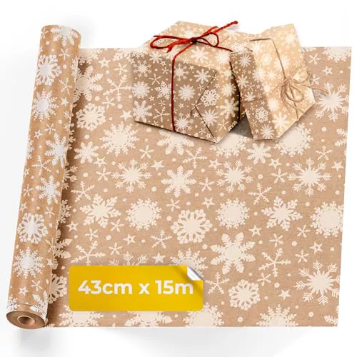 volila Papel de Envolver Kraft - 43 cm x 15 m Papel para Envolver Regalos con Cordeles - Rollo de Papel Kraft Ideal para Regalos de Cumpleaños, y Otras Ocasiones Especiales - Copos de Nieve