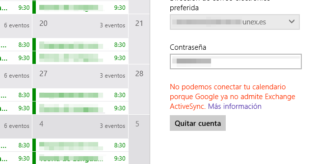 Calendario de Windows 8 sin ActiveSync