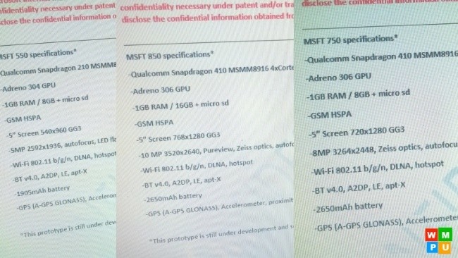 Leaked Specs Lumia 550 750 850