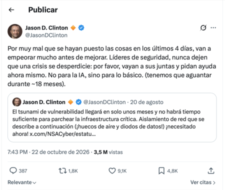 Captura de tela da publicação de Jason Clinton no X, originalmente escrita em inglês e traduzida para o espanhol | Toque para ver a publicação original