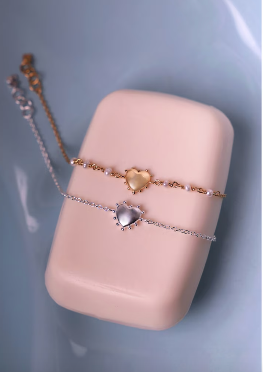 Pulsera San Valentín de plata vermeil y perlas con corazón