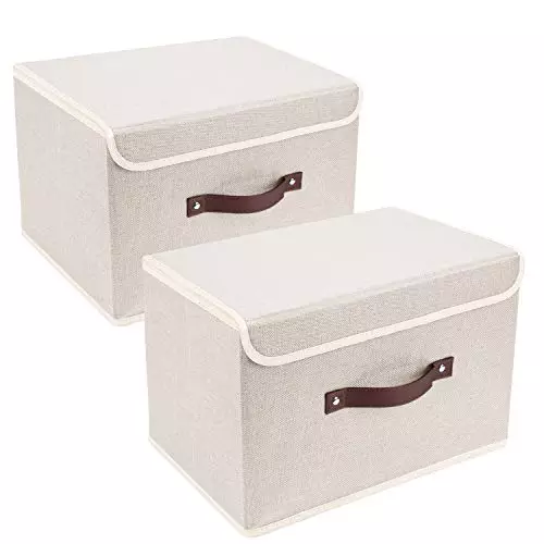 TYEERS Cajas de Almacenaje con Tapa, Tela, Lavable, Cajas Organizadoras, 38x25x25 cm, Juego de 2, Beige