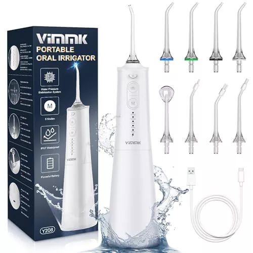 Irrigador Bucal Portatil, Vimmk Irrigador Dental Inalámbrico Profesional 8 Boquillas 5 Modos, IPX7 Impermeable 300ML USB-C Recargable Para Limpieza Dientes, Para el Hogar y los Viajes (Blanco)